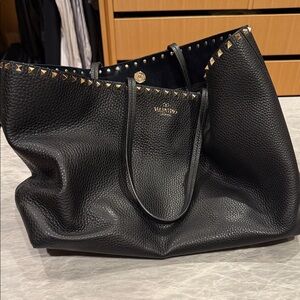 Valentino Black Pebbled Leather Tote with Gold Rockstud Trim